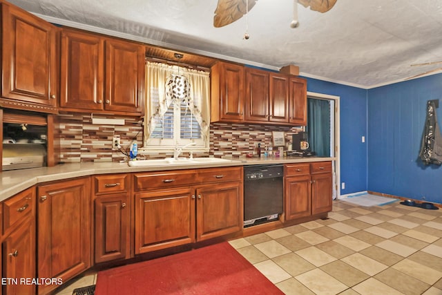 107 Ford St, Byrdstown, TN 38549 - kitchen with light countertops, crown molding, backsplash, a sink, and black dishwasher