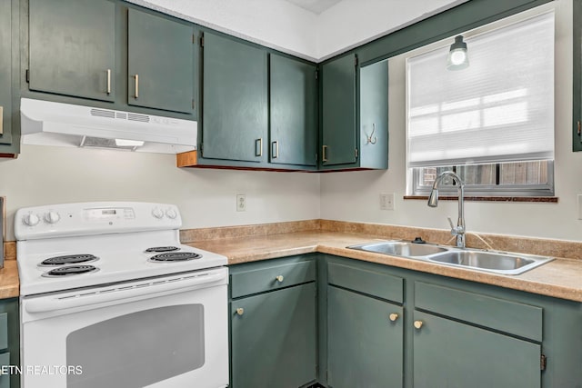 kitchen with green cabinets, light countertops, under cabinet range hood, white electric range, and a sink