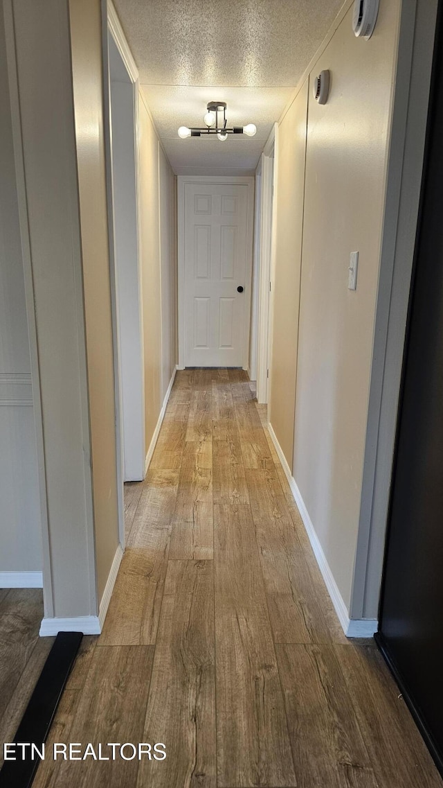 corridor featuring wood finished floors, baseboards, and a textured ceiling