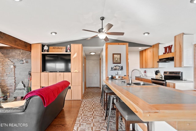 kitchen featuring a ceiling fan, stainless steel electric range, under cabinet range hood, lofted ceiling, and a sink