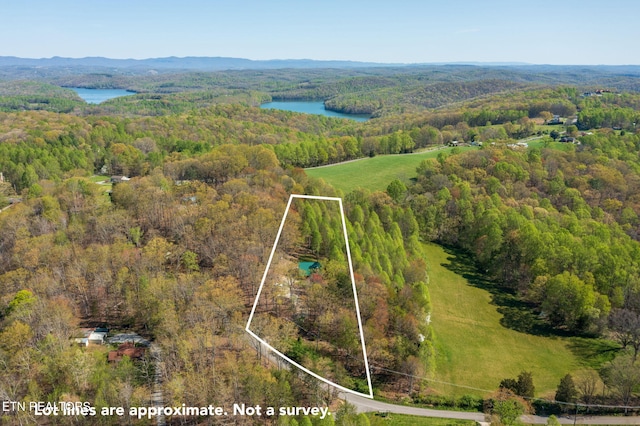 drone / aerial view featuring a forest view and a water and mountain view