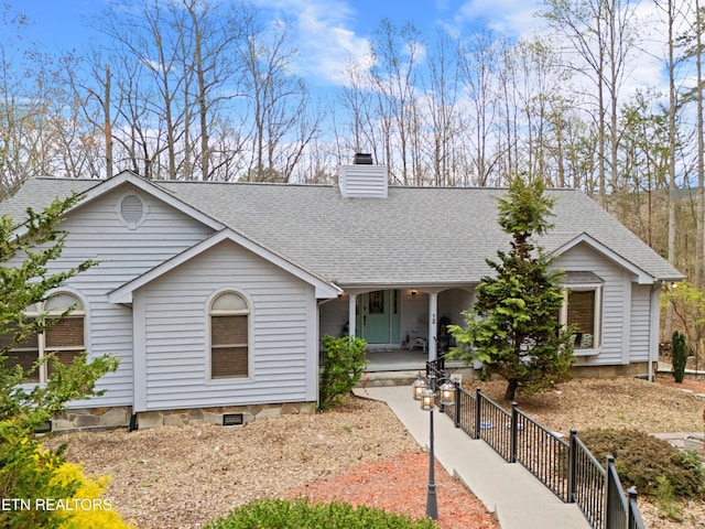 12 Wessex Ct, Crossville, TN 38558 - ranch-style house with fence, a chimney, a shingled roof, and a porch
