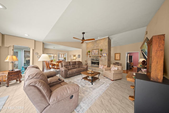 12 Wessex Ct, Crossville, TN 38558 - living room with a stone fireplace, vaulted ceiling, and ceiling fan