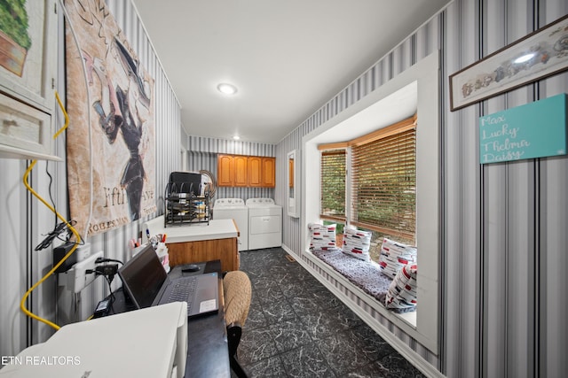 12 Wessex Ct, Crossville, TN 38558 - kitchen with light countertops, washing machine and dryer, and brown cabinets