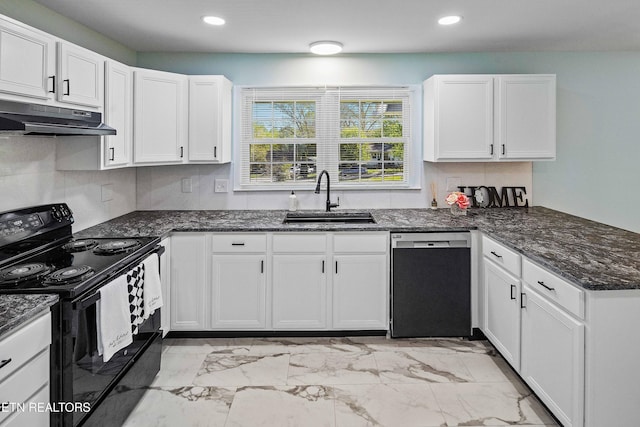 201 Farlow Dr, Knoxville, TN 37934 - kitchen featuring black electric range oven, under cabinet range hood, white cabinets, dishwasher, and a sink