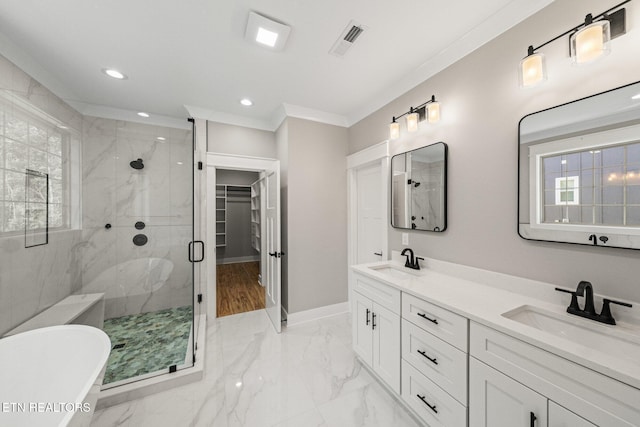 204 Atoka Pl, Loudon, TN 37774 - bathroom with a shower stall, visible vents, marble finish floor, and a sink