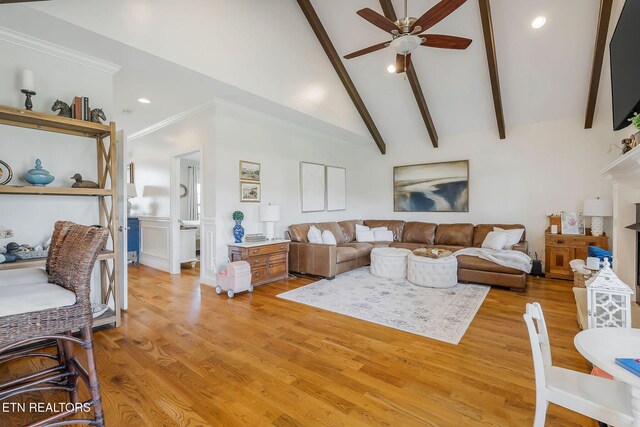 1798 Pearl Ave, Cookeville, TN 38506 - living room with ornamental molding, high vaulted ceiling, beamed ceiling, light wood finished floors, and ceiling fan
