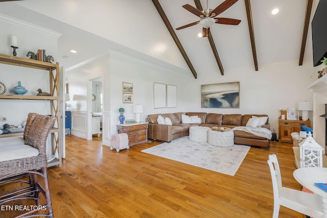 1798 Pearl Ave, Cookeville, TN 38506 - living room featuring high vaulted ceiling, beamed ceiling, ceiling fan, ornamental molding, and light wood-style floors