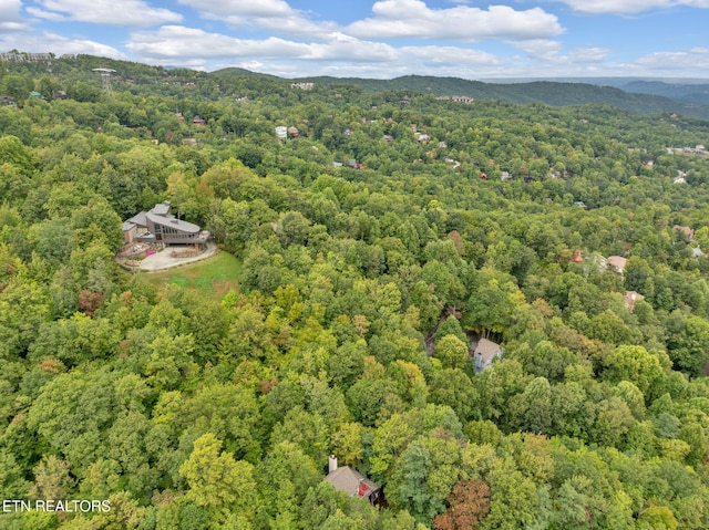 drone / aerial view featuring a wooded view and a mountain view