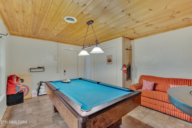 rec room featuring visible vents, stone finish flooring, pool table, and wood ceiling