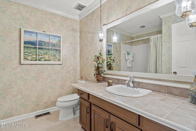 bathroom featuring toilet, crown molding, wallpapered walls, and visible vents