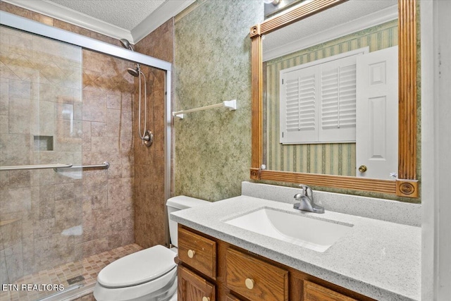 bathroom featuring crown molding, a textured ceiling, toilet, a stall shower, and wallpapered walls