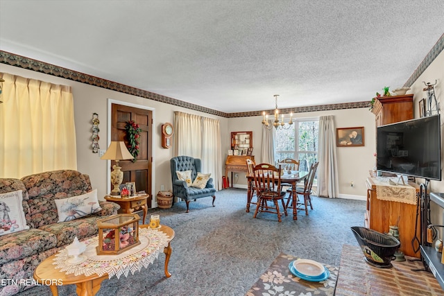 living room with baseboards, carpet flooring, a chandelier, and a textured ceiling