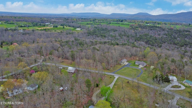 birds eye view of property with a wooded view and a mountain view
