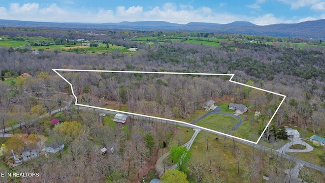 drone / aerial view featuring a forest view and a mountain view