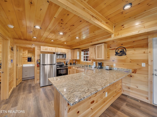 kitchen with dark wood-style floors, light brown cabinets, wooden ceiling, and appliances with stainless steel finishes