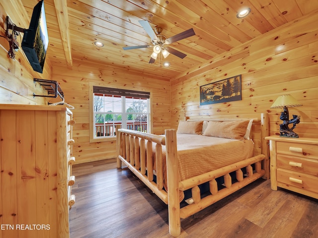 bedroom with recessed lighting, wood walls, ceiling fan, wooden ceiling, and wood finished floors