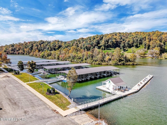 view of dock with a forest view and a water view