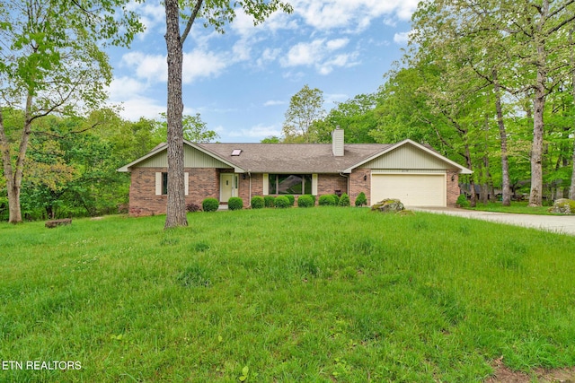 214 Snead Dr, Crossville, TN 38558 - ranch-style home with brick siding, concrete driveway, a garage, a chimney, and a shingled roof
