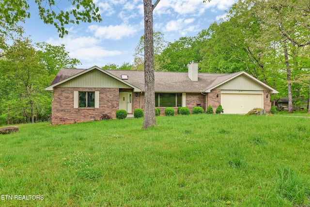 214 Snead Dr, Crossville, TN 38558 - ranch-style house with a chimney, brick siding, an attached garage, a front yard, and roof with shingles