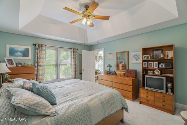 bedroom with a raised ceiling, a ceiling fan, and carpet flooring