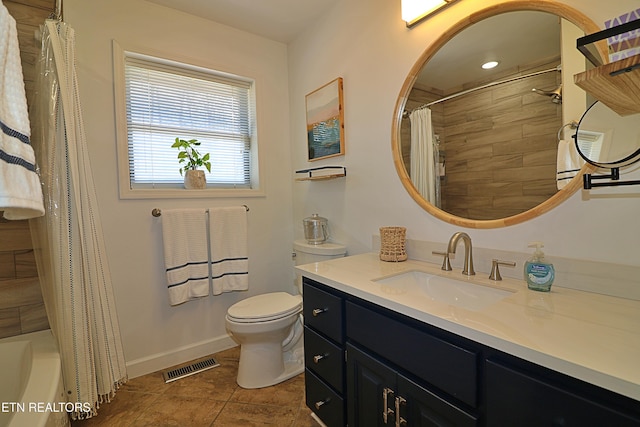 full bath featuring visible vents, baseboards, toilet, vanity, and tile patterned floors