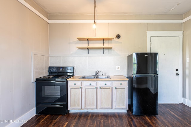 kitchen featuring open shelves, a sink, black appliances, dark wood-type flooring, and backsplash