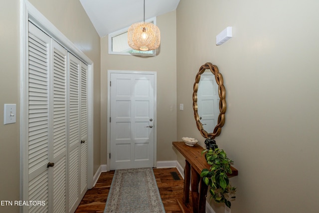 4225 W Lakeview Cir, Louisville, TN 37777 - doorway with dark wood-type flooring, high vaulted ceiling, and baseboards