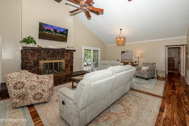 4225 W Lakeview Cir, Louisville, TN 37777 - living area with wood finished floors, ceiling fan, crown molding, a stone fireplace, and high vaulted ceiling