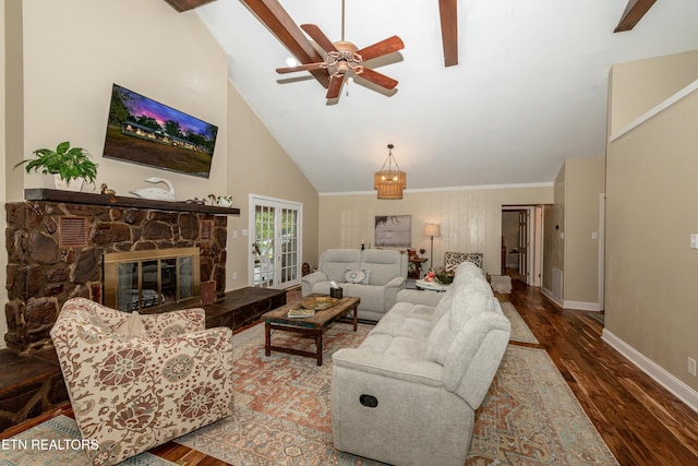 4225 W Lakeview Cir, Louisville, TN 37777 - living room with wood finished floors, baseboards, a ceiling fan, a fireplace, and beamed ceiling