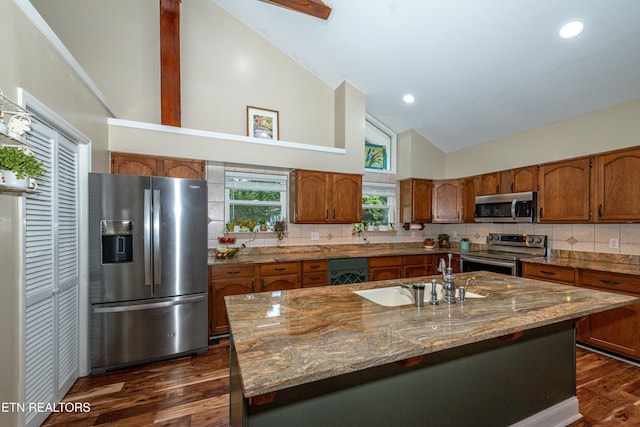 4225 W Lakeview Cir, Louisville, TN 37777 - kitchen with stainless steel appliances, a sink, high vaulted ceiling, brown cabinets, and dark wood-style flooring