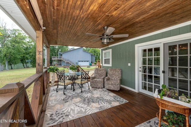 4225 W Lakeview Cir, Louisville, TN 37777 - wooden deck with a yard, an outbuilding, a ceiling fan, and an outdoor living space