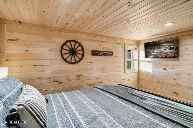 unfurnished bedroom featuring wood walls, recessed lighting, and wooden ceiling