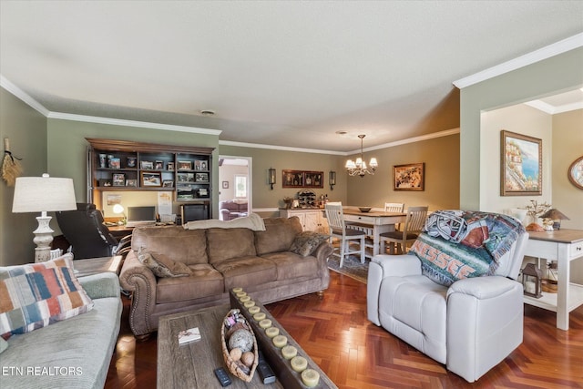 7914 Gleason Dr Unit 1145, Knoxville, TN 37919 - living room featuring crown molding and a notable chandelier