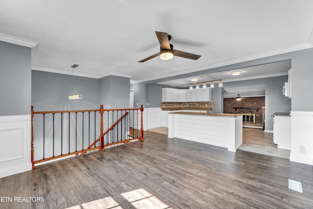 interior space with dark wood-type flooring, wainscoting, a sink, and a ceiling fan