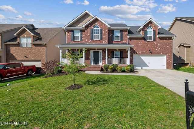 traditional-style house featuring an attached garage, driveway, brick siding, and a porch