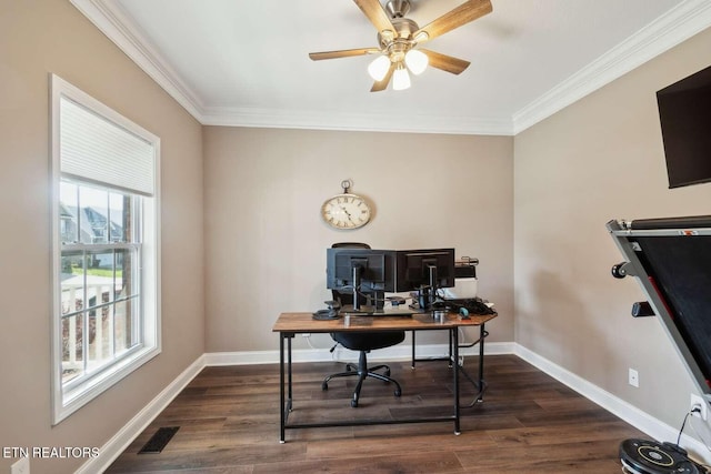office area featuring ornamental molding, baseboards, dark wood-style floors, and visible vents