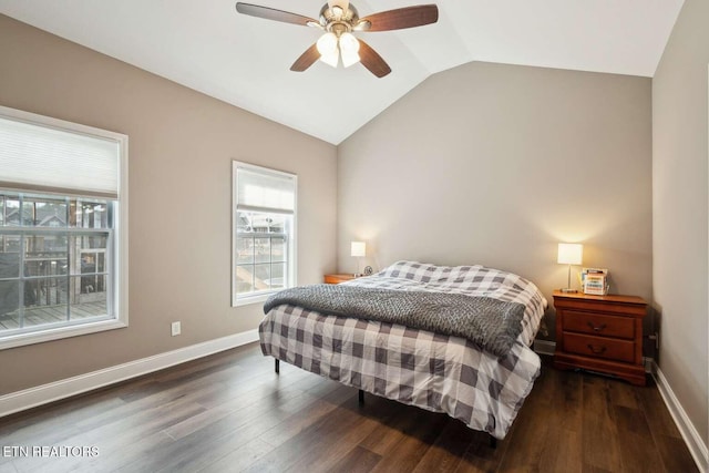 bedroom with wood finished floors, ceiling fan, baseboards, and vaulted ceiling