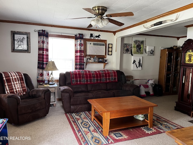 carpeted living room featuring a wall mounted air conditioner, crown molding, and a ceiling fan