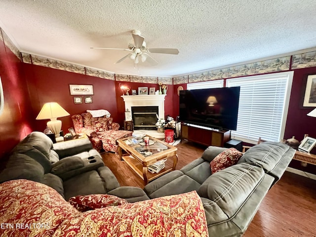 801 Lakeway Rd, Morristown, TN 37814 - living area with a glass covered fireplace, a textured ceiling, wood finished floors, and ceiling fan