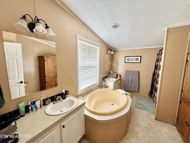 801 Lakeway Rd, Morristown, TN 37814 - full bathroom featuring lofted ceiling, a garden tub, vanity, and a textured ceiling
