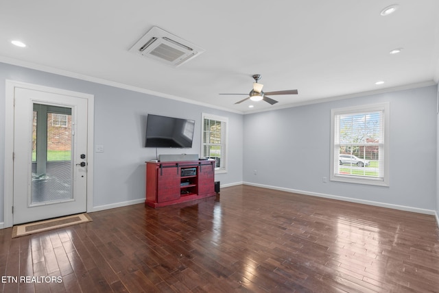 unfurnished living room featuring baseboards, ornamental molding, ceiling fan, recessed lighting, and hardwood / wood-style floors