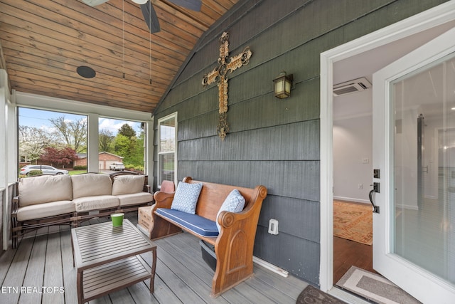 sunroom featuring an outdoor living space, ceiling fan, vaulted ceiling, wooden ceiling, and wood finished floors