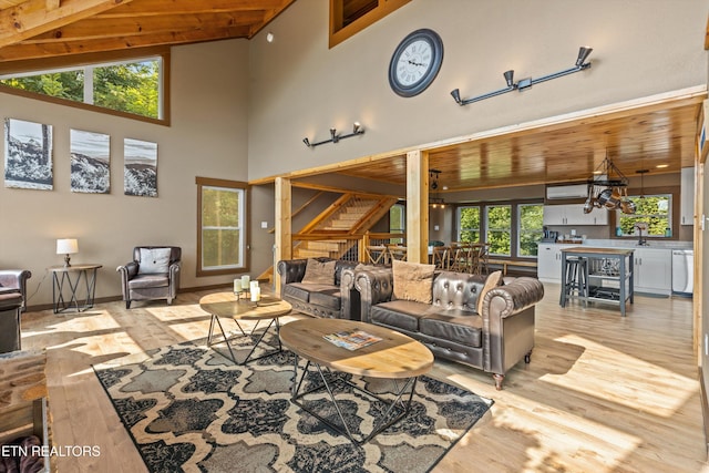 living room with wood ceiling, wood finished floors, high vaulted ceiling, and stairs