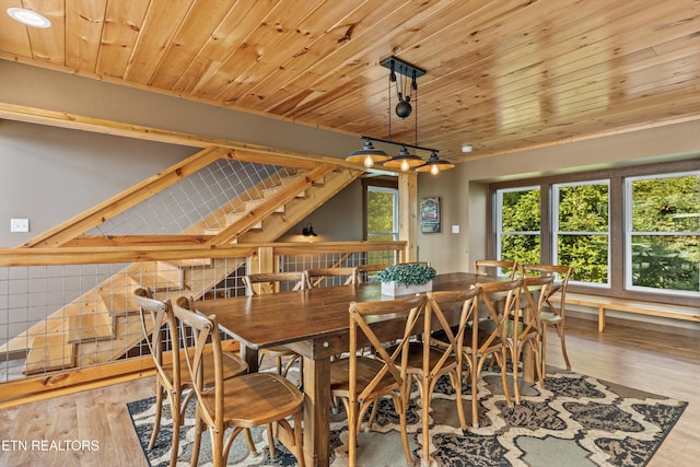 dining space featuring wood ceiling and wood finished floors