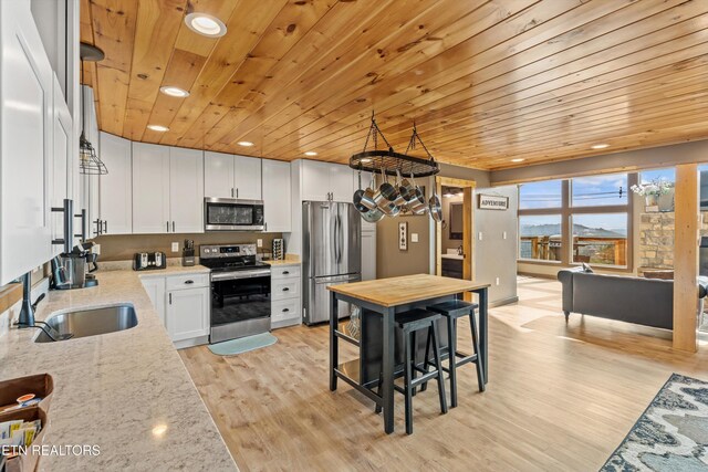 kitchen featuring a sink, white cabinets, appliances with stainless steel finishes, light wood finished floors, and wooden ceiling