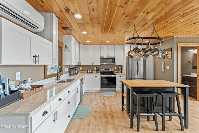 kitchen featuring a sink, an AC wall unit, wood ceiling, white cabinetry, and stainless steel appliances