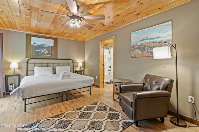 bedroom with wood ceiling, wood finished floors, baseboards, and an AC wall unit