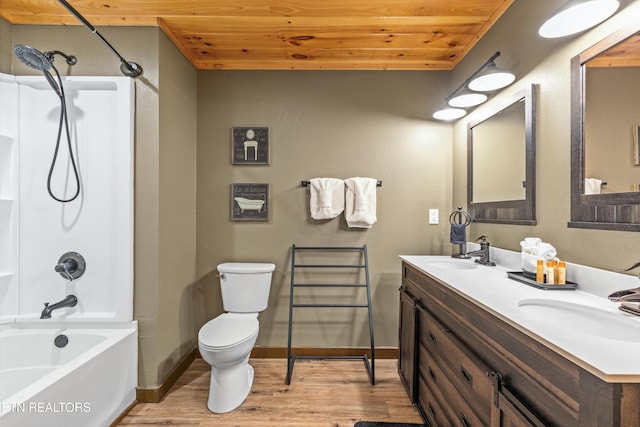 full bath with a sink, toilet, shower / bathing tub combination, wooden ceiling, and wood finished floors