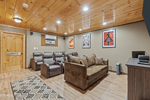 home theater with light wood finished floors, wooden ceiling, recessed lighting, and a wall mounted air conditioner